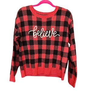 Adrienne Vittadini Red + Black Checkered Believe Christmas Sweater Medium